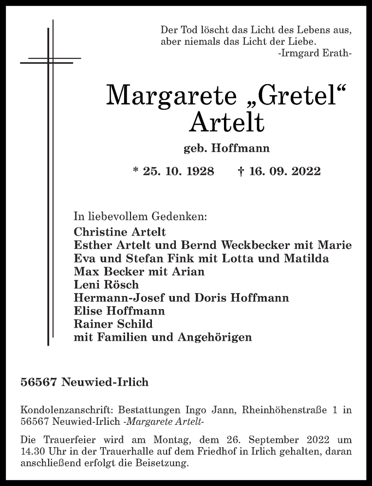  Traueranzeige für Margarete Artelt vom 21.09.2022 aus Rhein-Zeitung