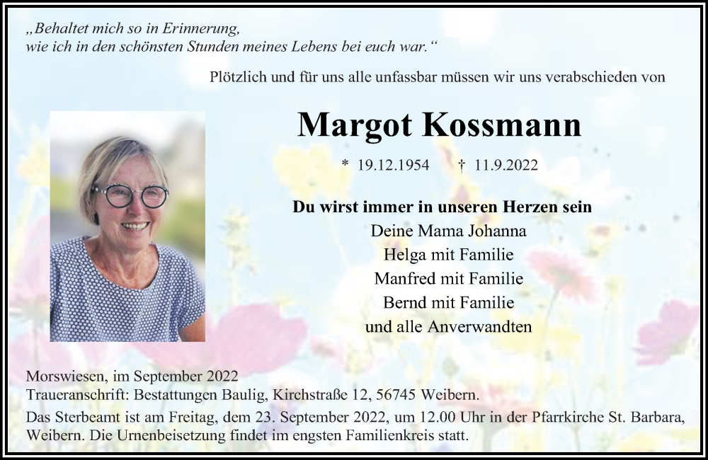  Traueranzeige für Margot Kossmann vom 17.09.2022 aus Rhein-Zeitung