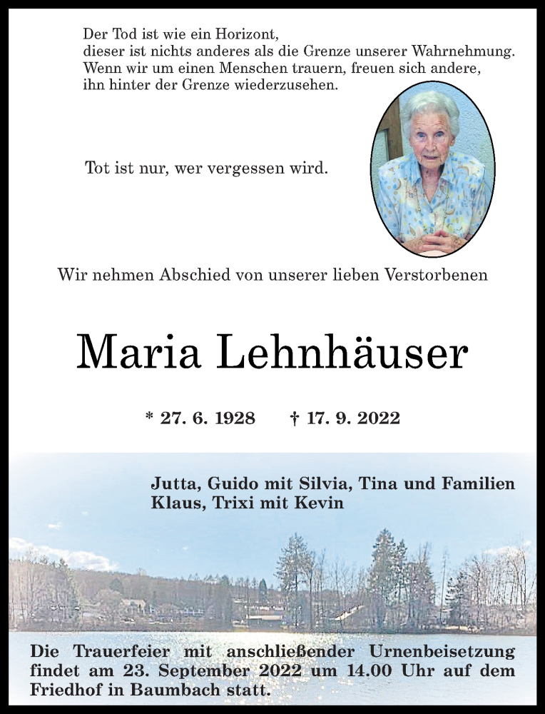  Traueranzeige für Maria Lehnhäuser vom 20.09.2022 aus Westerwälder Zeitung