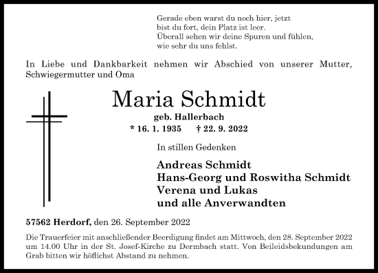 Traueranzeige von Maria Schmidt von Rhein-Zeitung