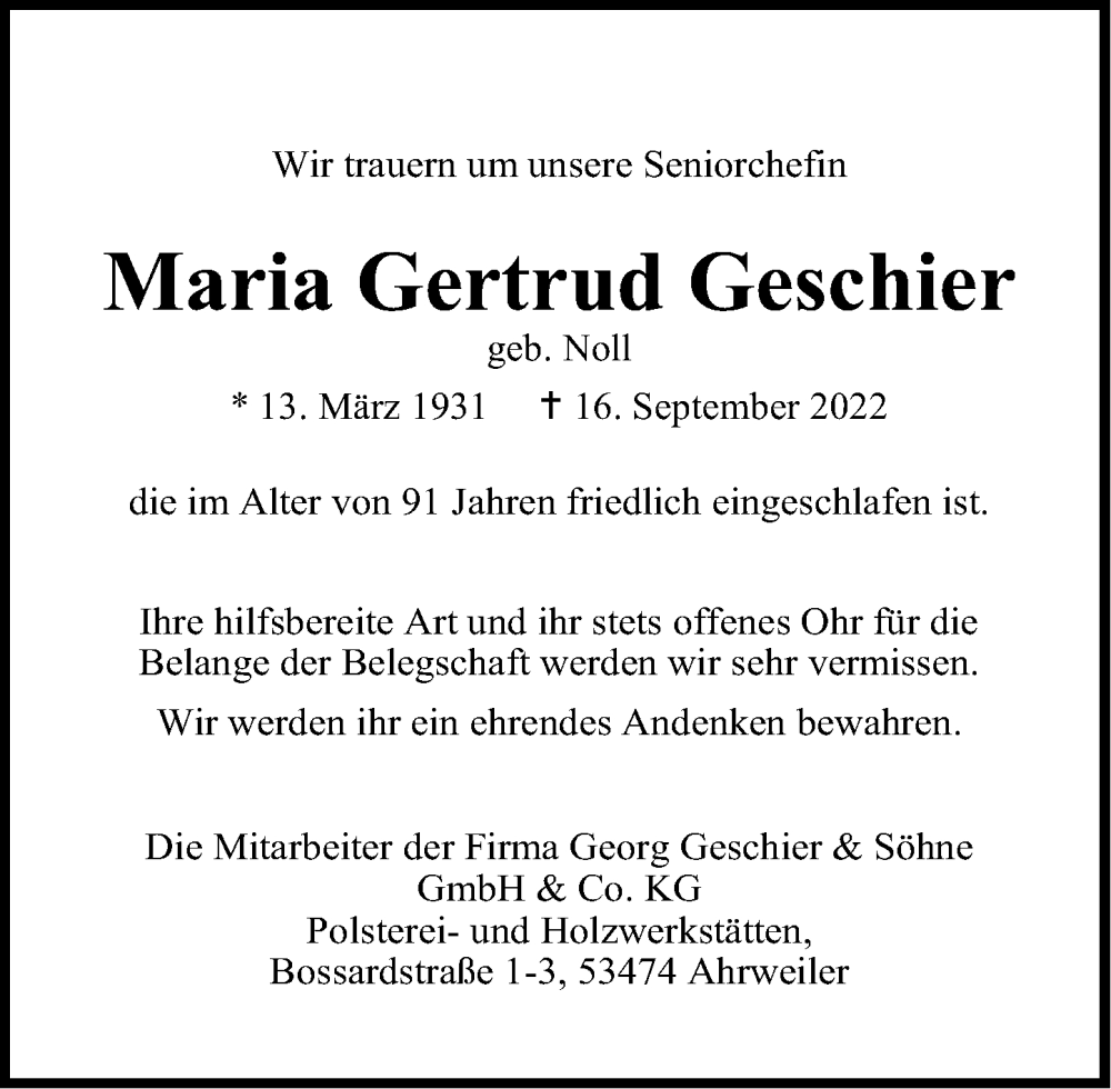 Traueranzeige für Maria Gertrud Geschier vom 24.09.2022 aus Rhein-Zeitung