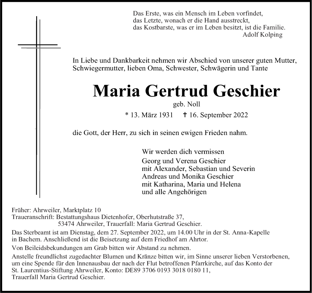  Traueranzeige für Maria Gertrud Geschier vom 20.09.2022 aus Rhein-Zeitung