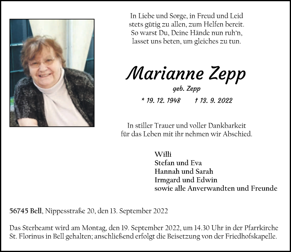 Traueranzeige für Marianne Zepp vom 17.09.2022 aus Rhein-Zeitung
