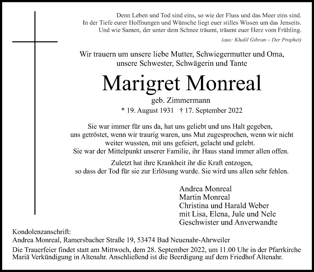  Traueranzeige für Marigret Monreal vom 21.09.2022 aus Rhein-Zeitung