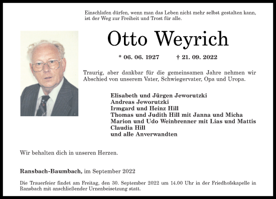 Traueranzeige von Otto Weyrich von Westerwälder Zeitung