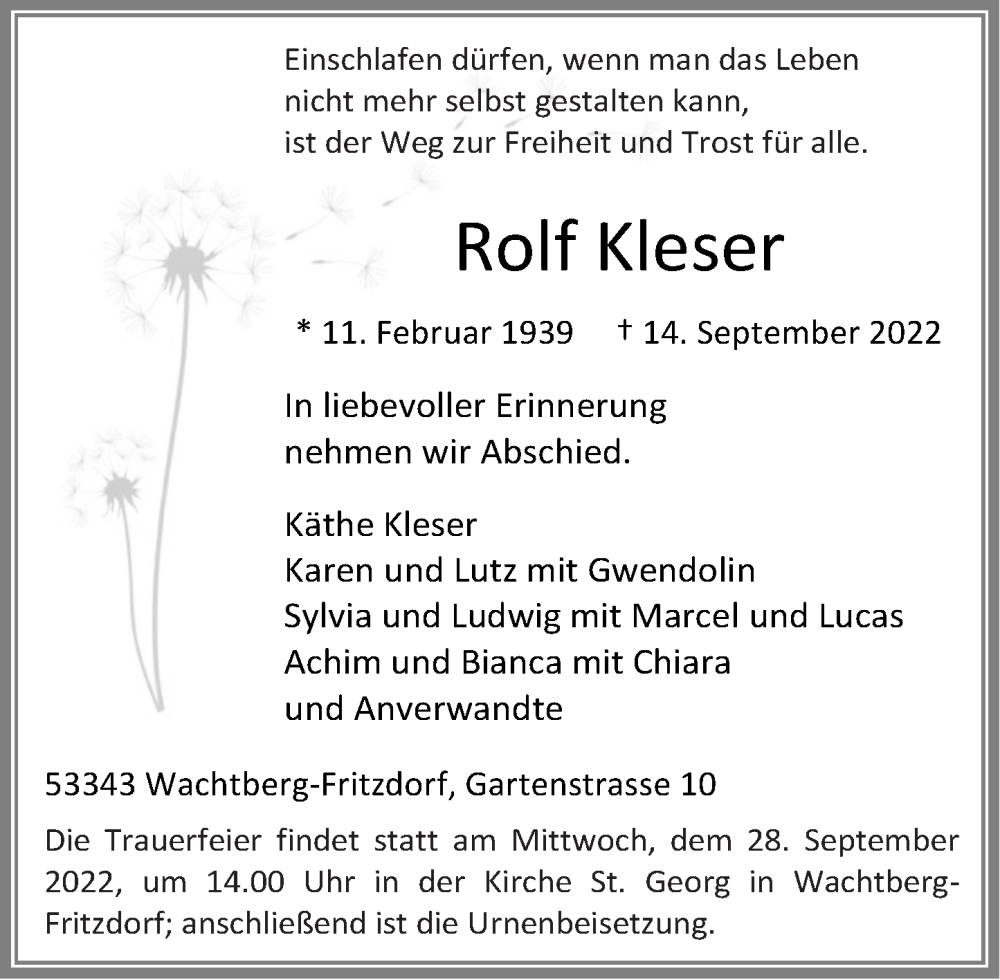  Traueranzeige für Rolf Kleser vom 24.09.2022 aus Rhein-Zeitung