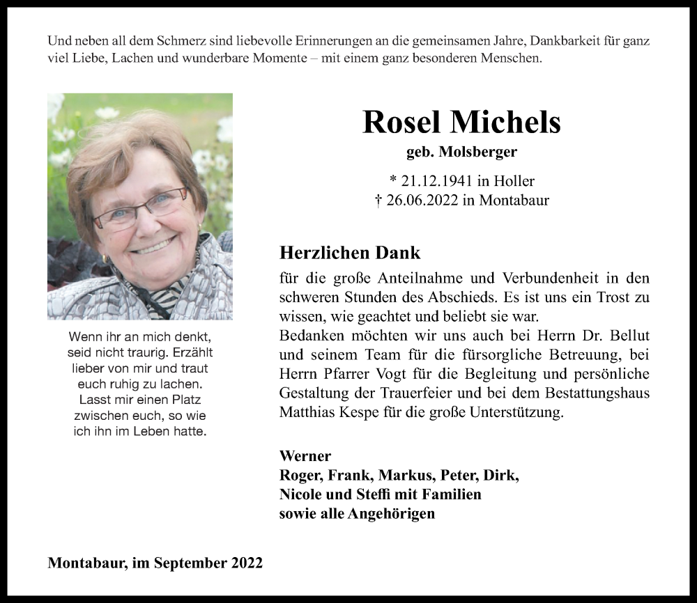  Traueranzeige für Rosel Michels vom 23.09.2022 aus Westerwälder Zeitung