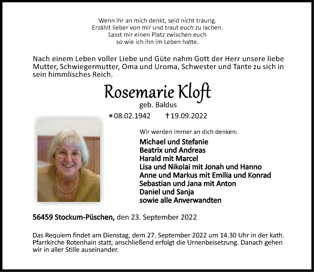  Traueranzeige für Rosemarie Kloft vom 23.09.2022 aus Westerwälder Zeitung