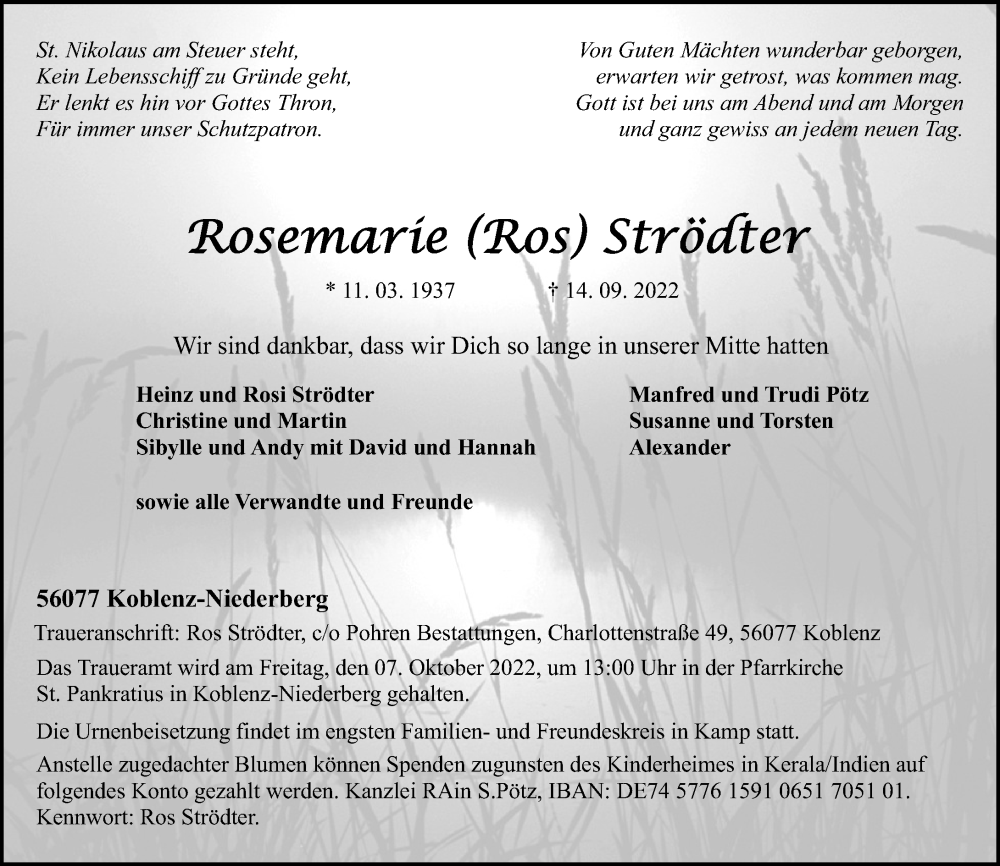 Traueranzeige für Rosemarie Strödter vom 17.09.2022 aus Rhein-Zeitung