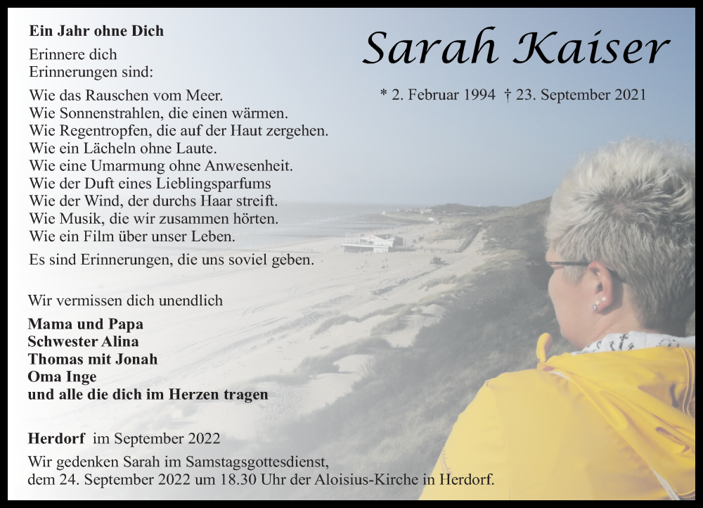  Traueranzeige für Sarah Kaiser vom 23.09.2022 aus Rhein-Zeitung