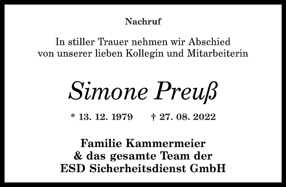  Traueranzeige für Simone Preuß vom 10.09.2022 aus Nahe-Zeitung