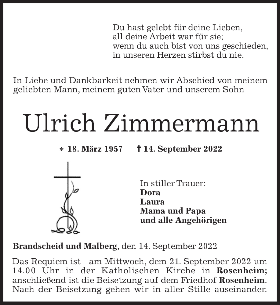  Traueranzeige für Ulrich Zimmermann vom 17.09.2022 aus Rhein-Zeitung