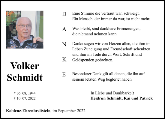 Traueranzeige von Volker Schmidt von Rhein-Zeitung