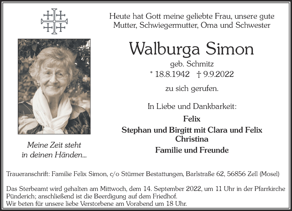  Traueranzeige für Walburga Simon vom 12.09.2022 aus Rhein-Zeitung
