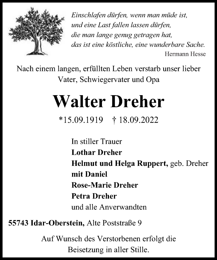  Traueranzeige für Walter Dreher vom 21.09.2022 aus Nahe-Zeitung