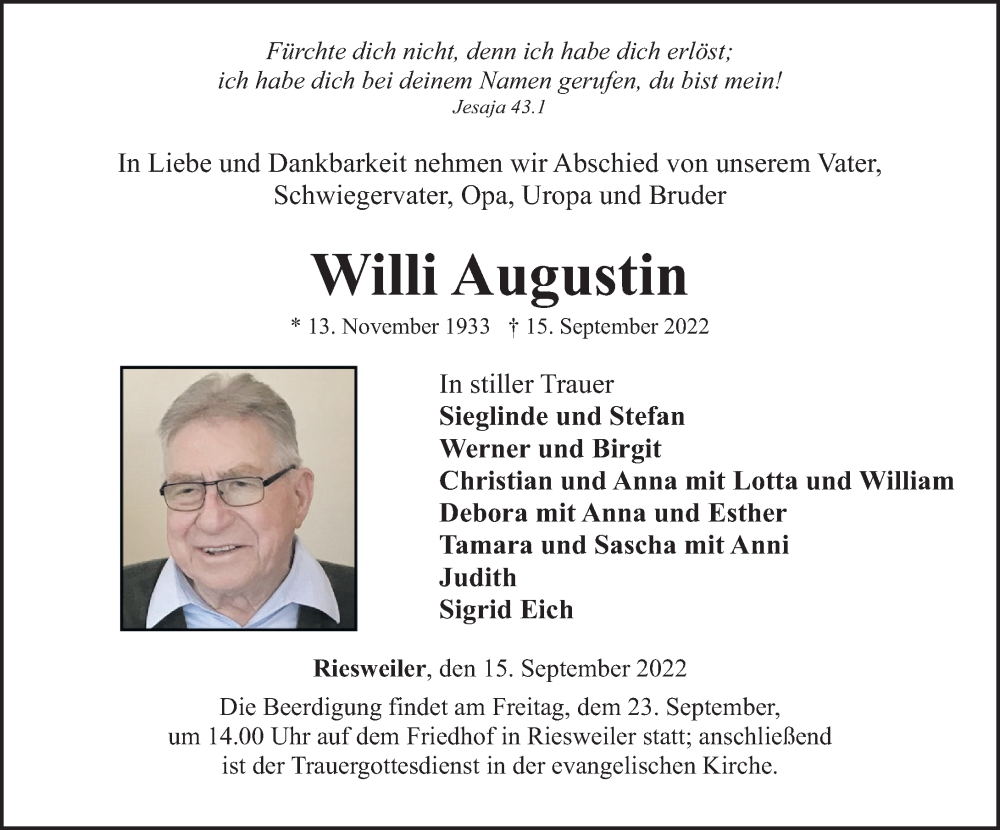  Traueranzeige für Willi Augustin vom 20.09.2022 aus Rhein-Hunsrück-Zeitung