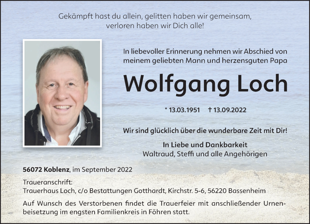  Traueranzeige für Wolfgang Loch vom 17.09.2022 aus Rhein-Zeitung