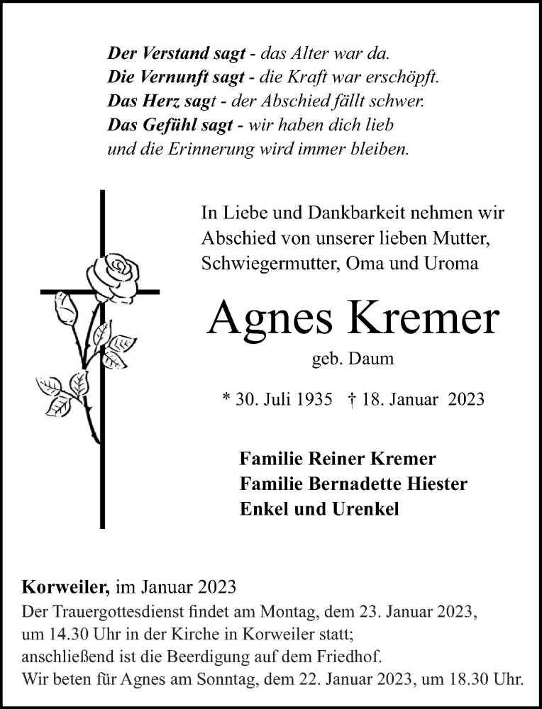  Traueranzeige für Agnes Kremer vom 21.01.2023 aus Rhein-Hunsrück-Zeitung