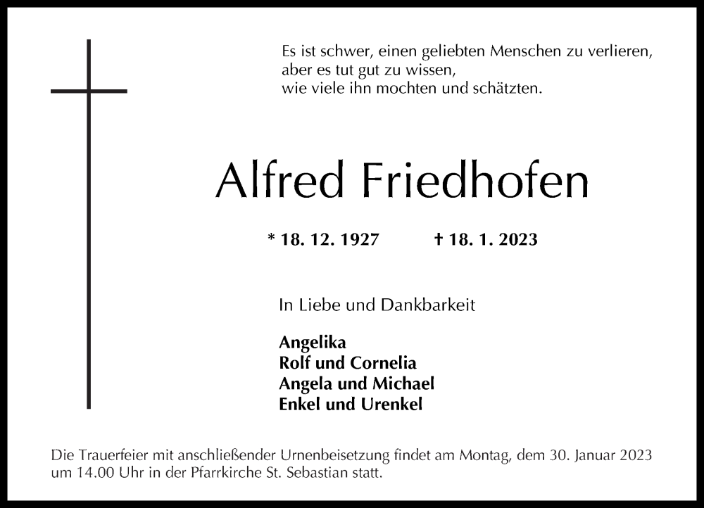  Traueranzeige für Alfred Friedhofen vom 21.01.2023 aus Rhein-Zeitung