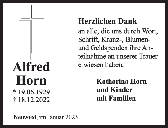 Traueranzeige von Alfred Horn von Rhein-Zeitung