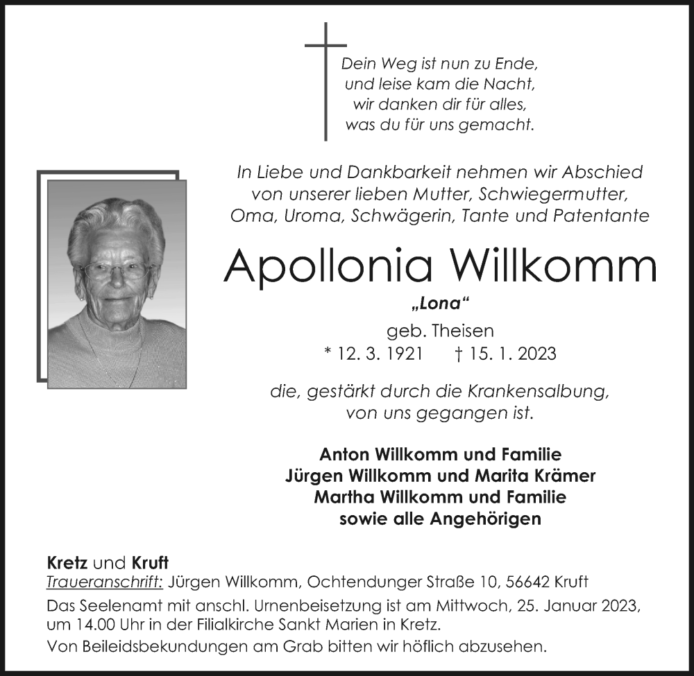  Traueranzeige für Apollonia Willkomm vom 21.01.2023 aus Rhein-Zeitung
