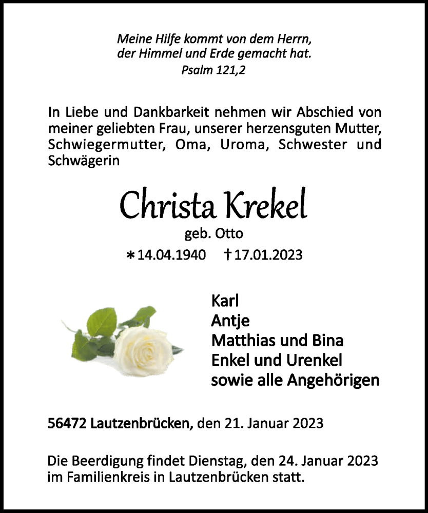  Traueranzeige für Christa Krekel vom 21.01.2023 aus Westerwälder Zeitung