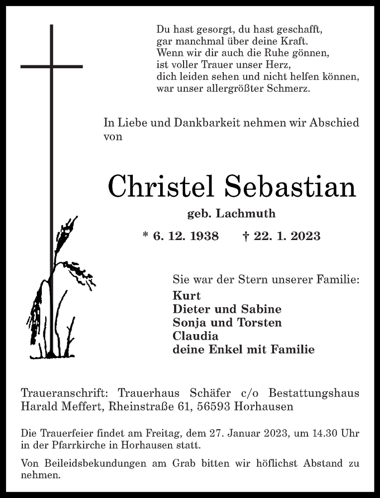  Traueranzeige für Christel Sebastian vom 25.01.2023 aus Rhein-Zeitung