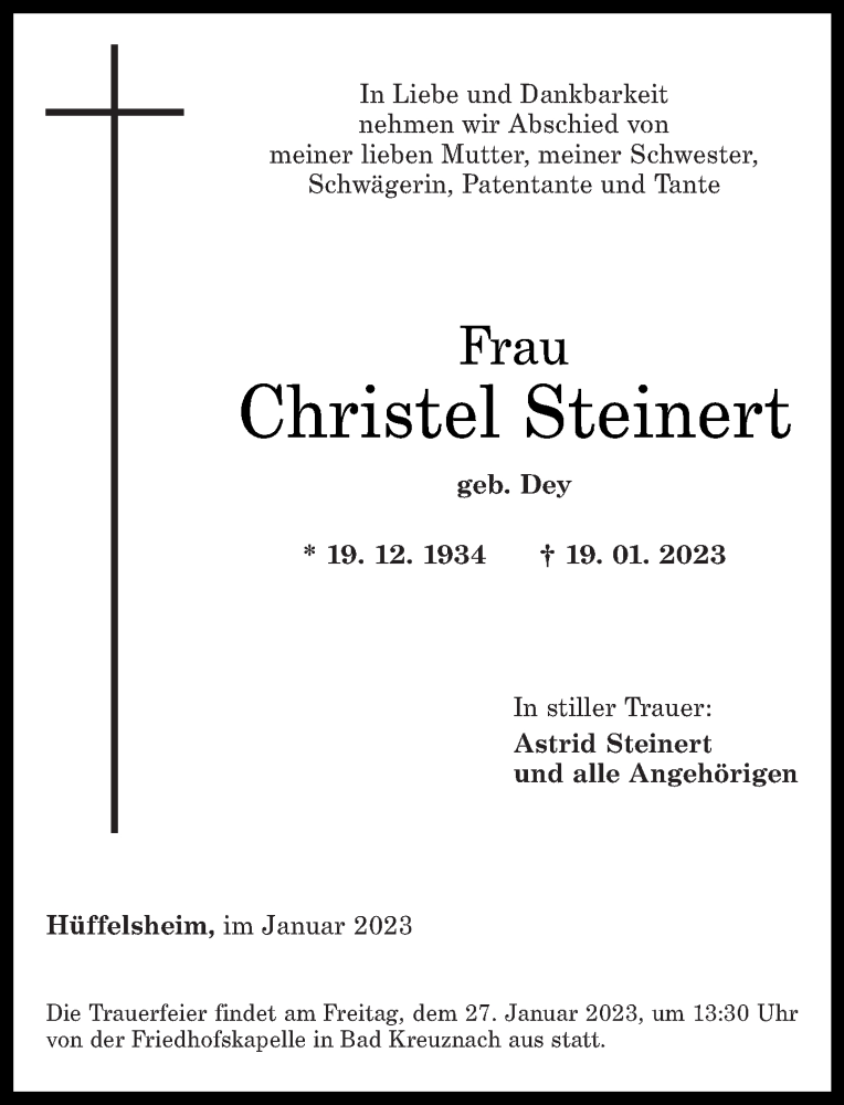  Traueranzeige für Christel Steinert vom 24.01.2023 aus Oeffentlicher Anzeiger