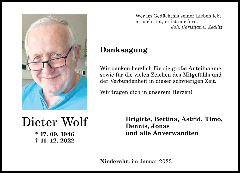  Traueranzeige für Dieter Wolf vom 14.01.2023 aus Westerwälder Zeitung