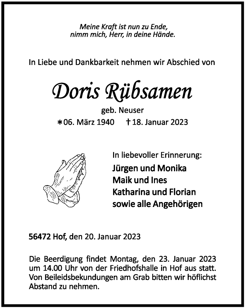  Traueranzeige für Doris Rübsamen vom 20.01.2023 aus Westerwälder Zeitung