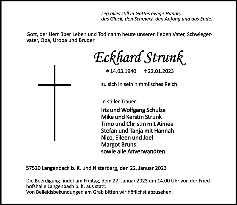  Traueranzeige für Eckhard Strunk vom 25.01.2023 aus Westerwälder Zeitung, Rhein-Zeitung