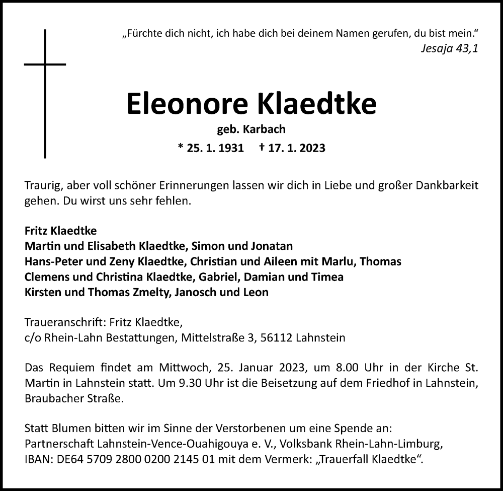  Traueranzeige für Eleonore Klaedtke vom 21.01.2023 aus Rhein-Zeitung