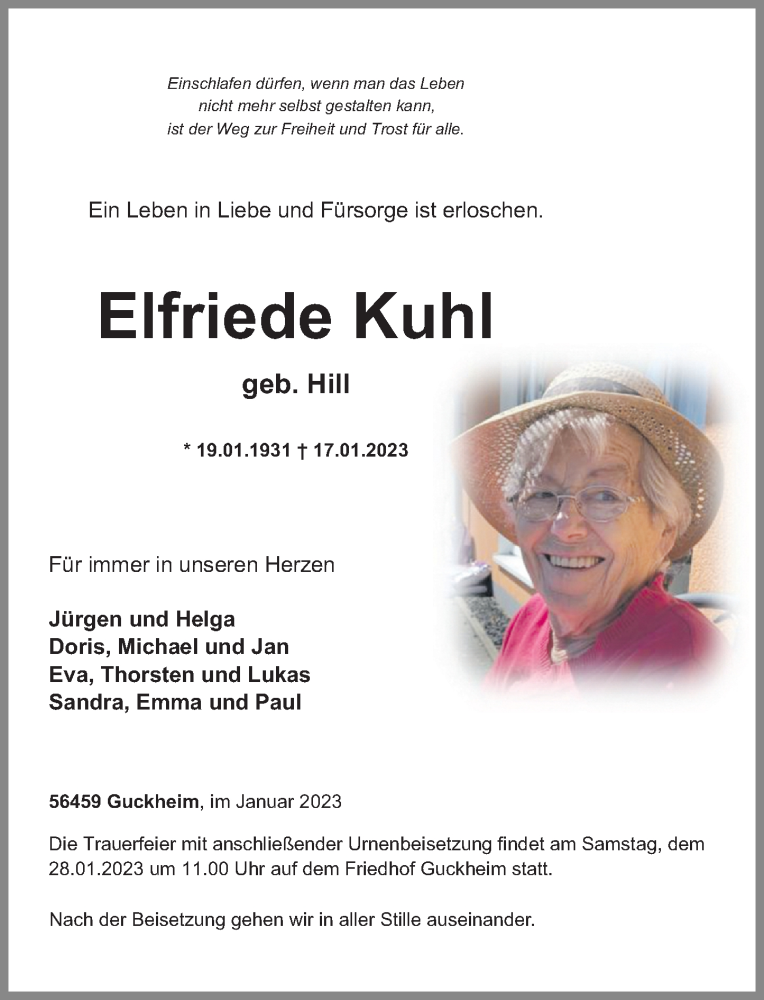  Traueranzeige für Elfriede Kuhl vom 26.01.2023 aus Westerwälder Zeitung
