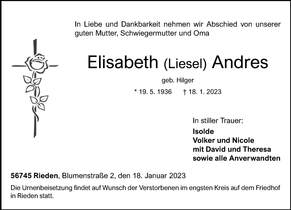  Traueranzeige für Elisabeth Andres vom 21.01.2023 aus Rhein-Zeitung