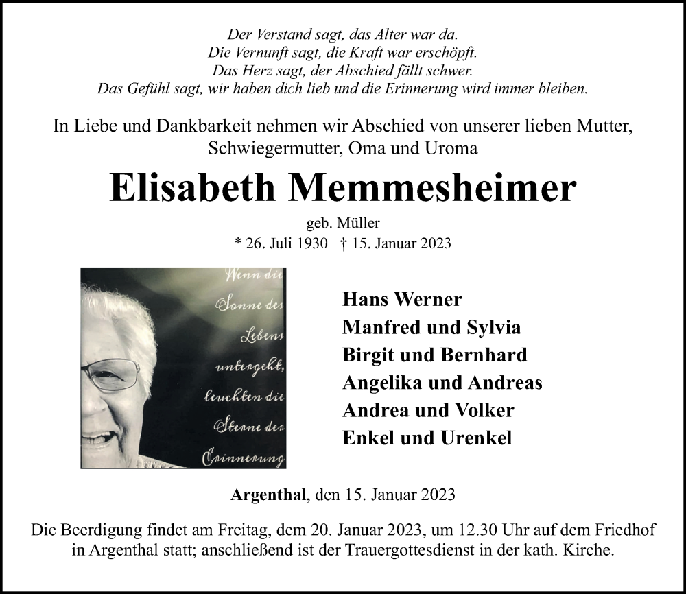  Traueranzeige für Elisabeth Memmesheimer vom 18.01.2023 aus Rhein-Hunsrück-Zeitung