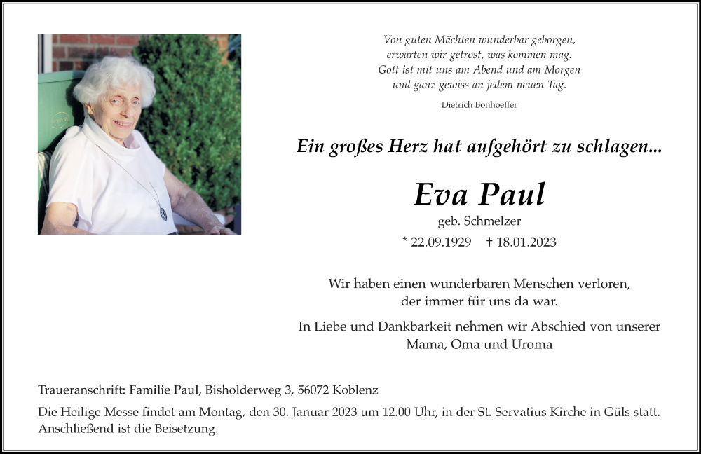  Traueranzeige für Eva Paul vom 25.01.2023 aus Rhein-Zeitung