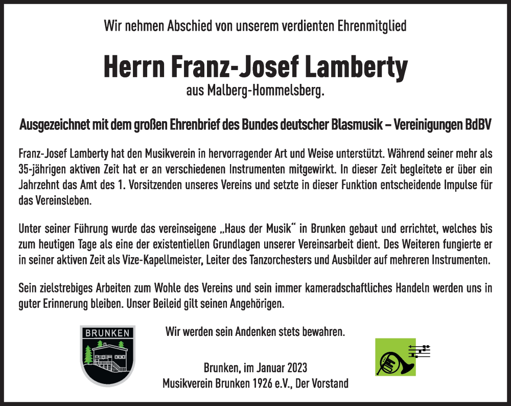  Traueranzeige für Franz-Josef Lamberty vom 28.01.2023 aus Rhein-Zeitung