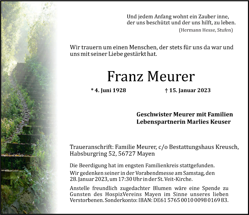  Traueranzeige für Franz Meurer vom 25.01.2023 aus Rhein-Zeitung