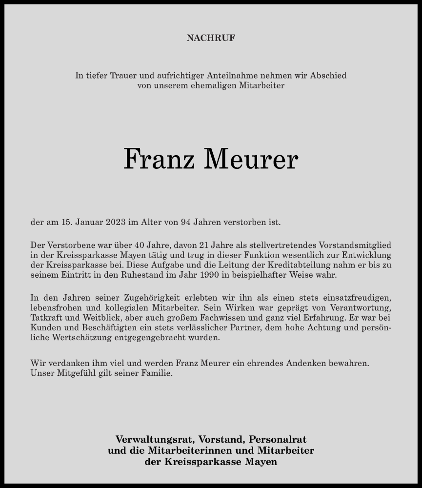  Traueranzeige für Franz Meurer vom 28.01.2023 aus Rhein-Zeitung