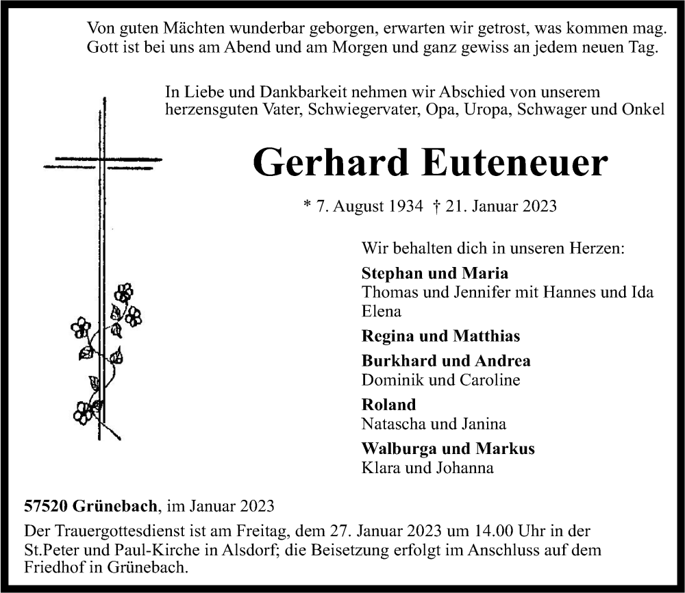  Traueranzeige für Gerhard Euteneuer vom 24.01.2023 aus Rhein-Zeitung