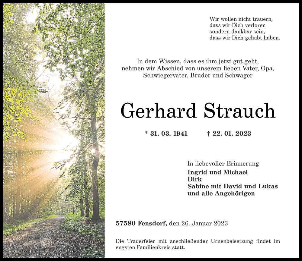  Traueranzeige für Gerhard Strauch vom 26.01.2023 aus Rhein-Zeitung
