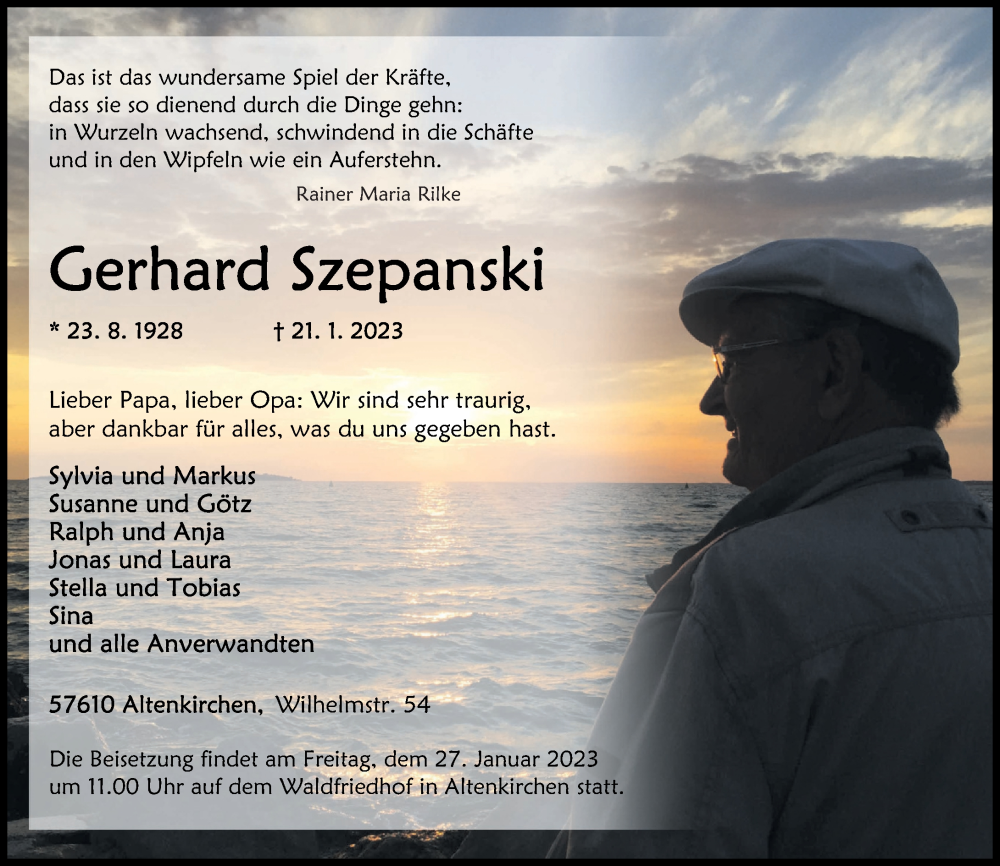  Traueranzeige für Gerhard Szepanski vom 25.01.2023 aus Rhein-Zeitung
