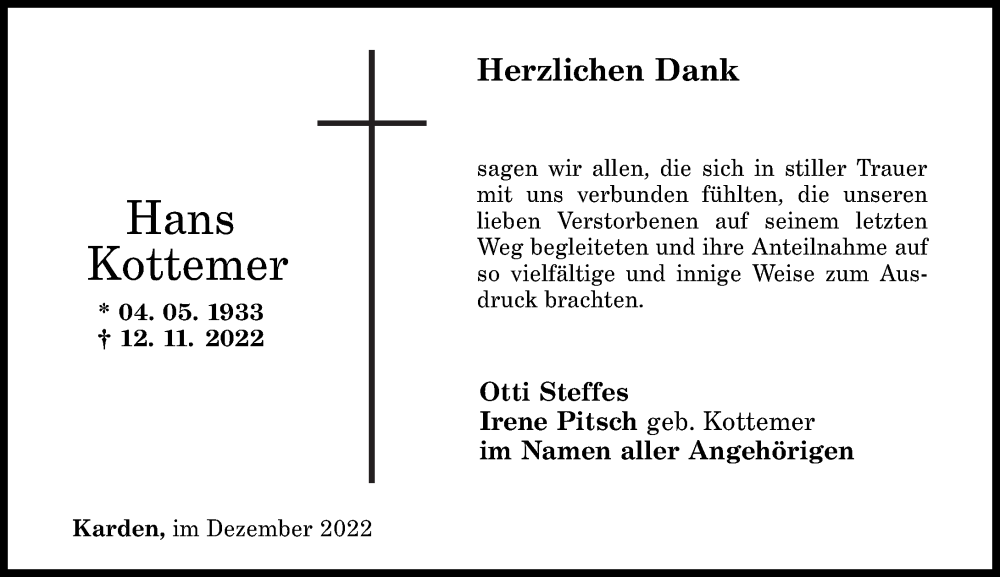  Traueranzeige für Hans Kottemer vom 31.12.2022 aus Rhein-Zeitung