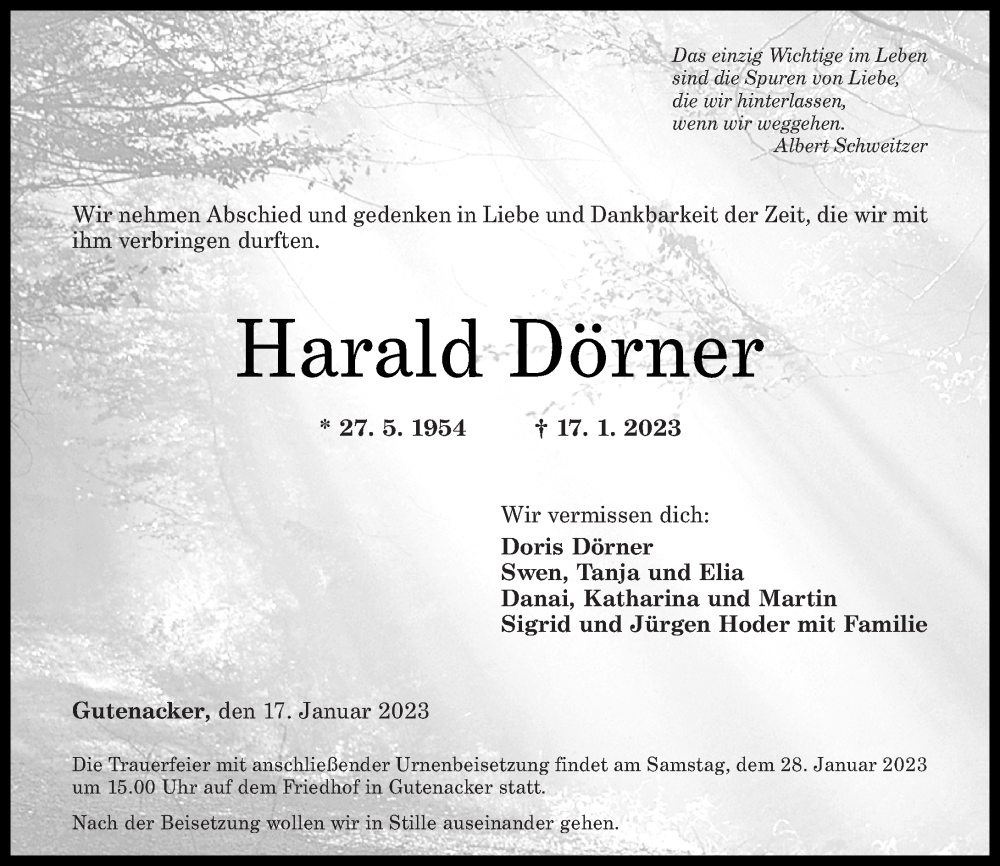  Traueranzeige für Harald Dörner vom 25.01.2023 aus Rhein-Lahn-Zeitung