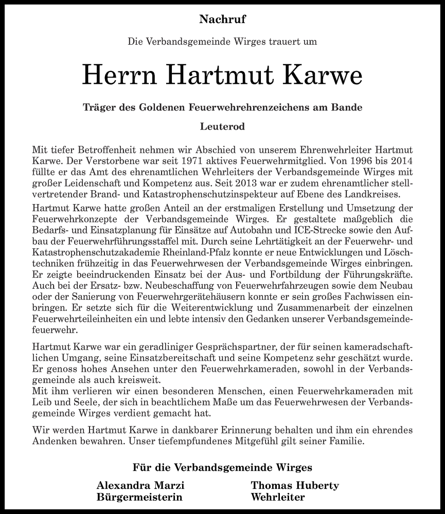  Traueranzeige für Hartmut Karwe vom 07.01.2023 aus Westerwälder Zeitung