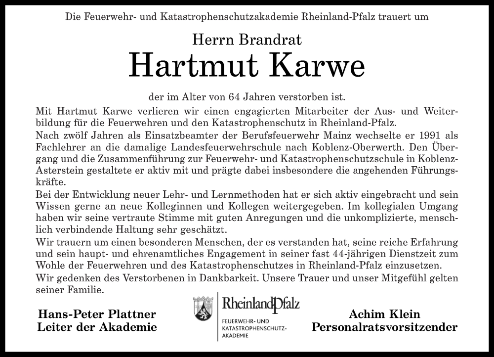  Traueranzeige für Hartmut Karwe vom 07.01.2023 aus Westerwälder Zeitung