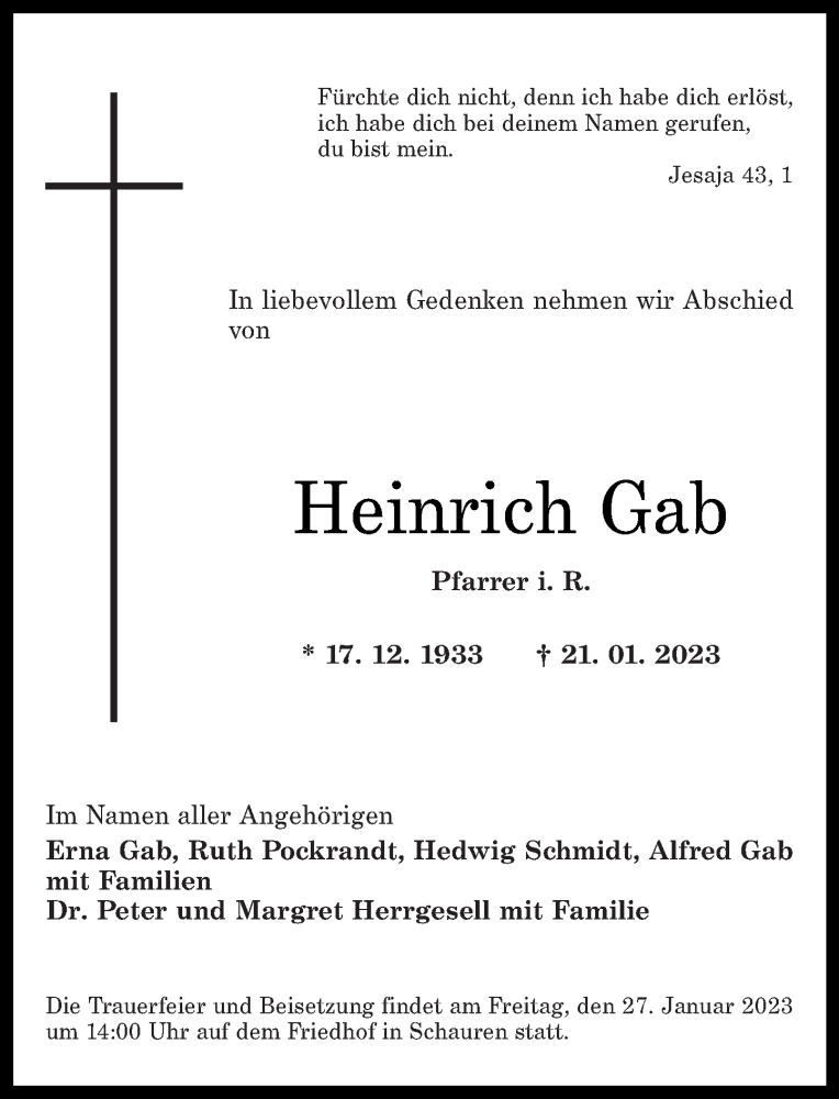  Traueranzeige für Heinrich Gab vom 25.01.2023 aus Nahe-Zeitung