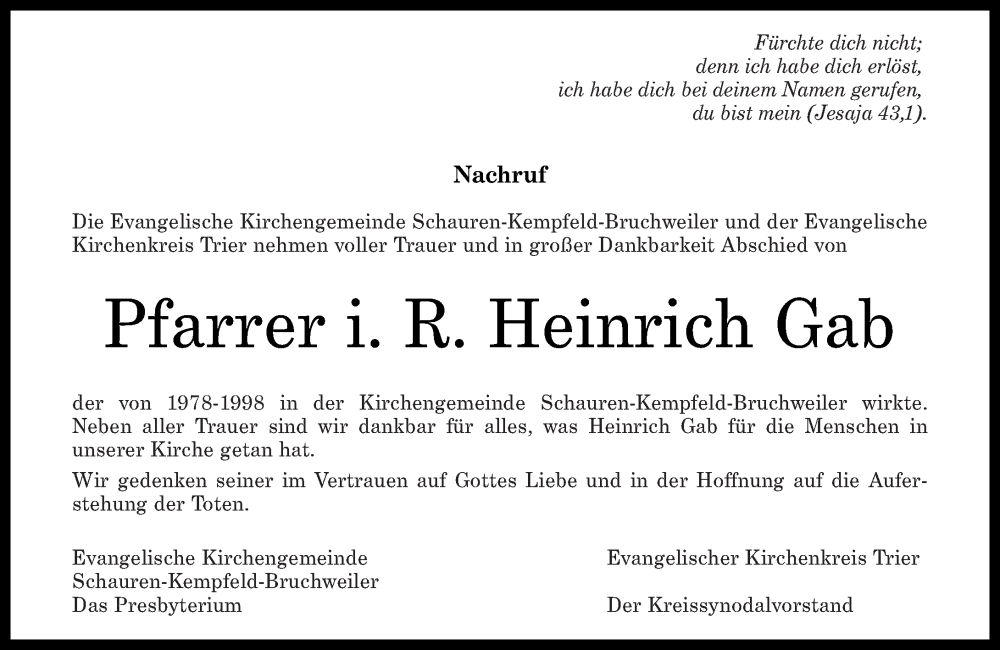  Traueranzeige für Heinrich Gab vom 27.01.2023 aus Nahe-Zeitung