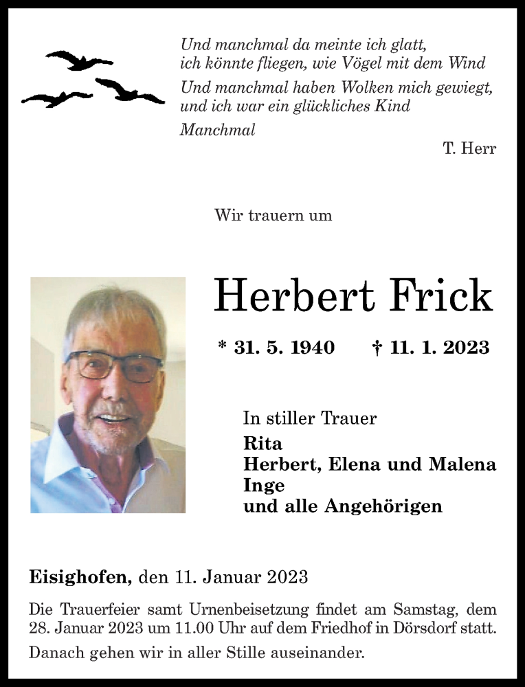  Traueranzeige für Herbert Frick vom 26.01.2023 aus Rhein-Lahn-Zeitung