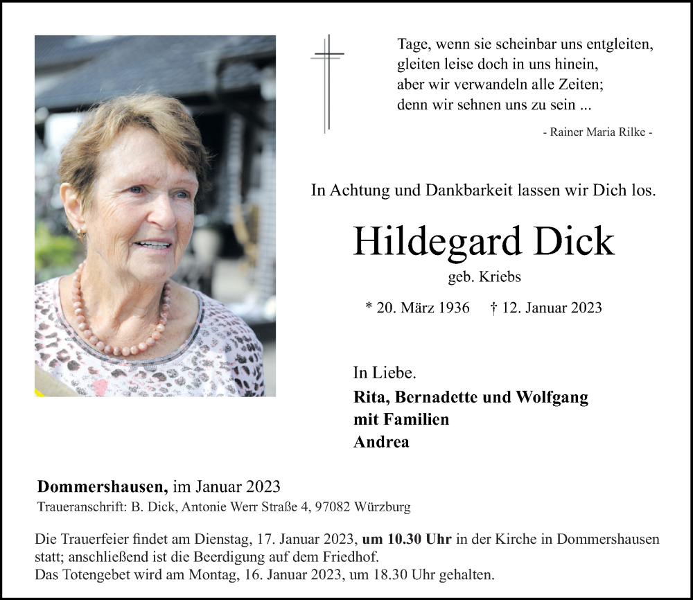  Traueranzeige für Hildegard Dick vom 14.01.2023 aus Rhein-Zeitung, Rhein-Hunsrück-Zeitung